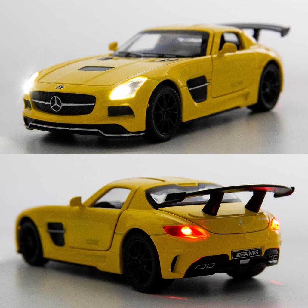 1:32-масштабная модель автомобиля Benz SLS AMG, литая под давлением цинкового сплава, игрушечная машинка с откидной спинкой, звуком и светом для детей, мальчиков и девочек