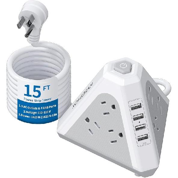 NVEESHOX Power Strip Tower Surge Protector-9 Multiple Outlets 4 USB Charging Ports,3-Side Triangle Outlet Extender Strip with 6.5Ft Long Extension