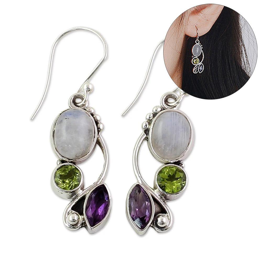 Chic Hook Engagement Wedding Jewelry Moonstone Earrings Multi-Gemstone Peridot Amethyst Ear Stud