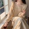 Women Mid Calf Nightgowns Solid Square Collar Long Sleeve Drawstring Ruffles Loose Retro Chic