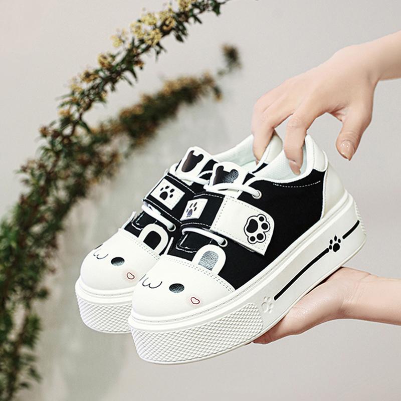 Модные милые туфли лолита на плоской платформе для девочек, студенческие парусиновые туфли на танкетке с милыми кошачьими ушками для молодых женщин