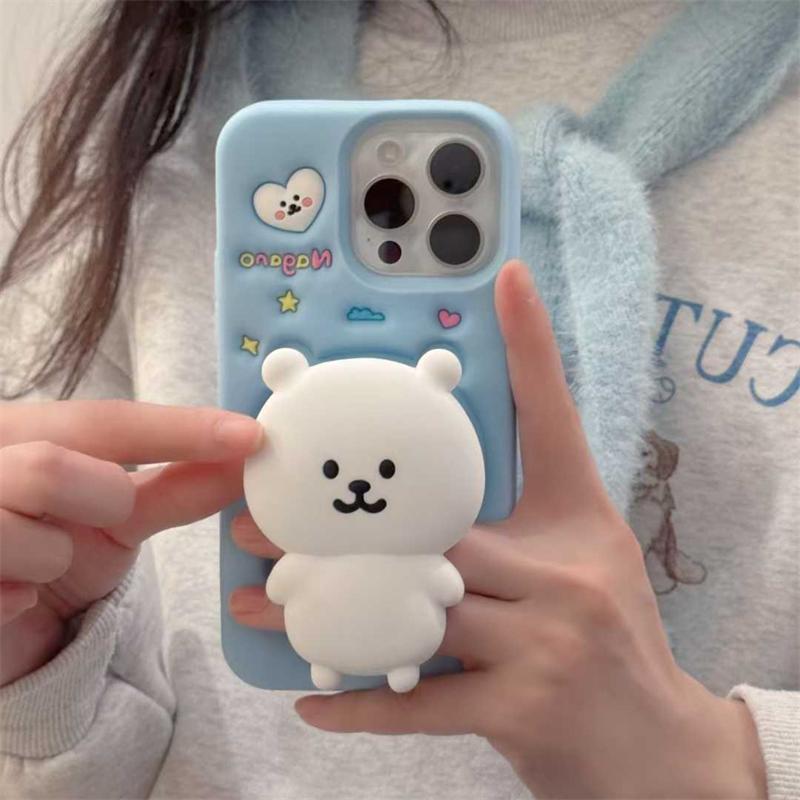 Мультяшный 3D медведь кронштейн силиконовый чехол для телефона iPhone 16 15 14 13 12 Pro Max 14 15 Plus мягкий чехол
