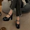 French Fashion Square Toe High Heels Women's Shoes 2023 Early Spring Platform Slotted Button Strap Thick Heel Shallow Cut Single Shoe