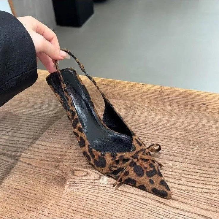 Женские туфли-лодочки на низком каблуке, босоножки с ремешком на пятке, леопардовый принт, натуральная кожа, острый носок, праздничные свадебные туфли, женские качественные туфли-лодочки с бантом