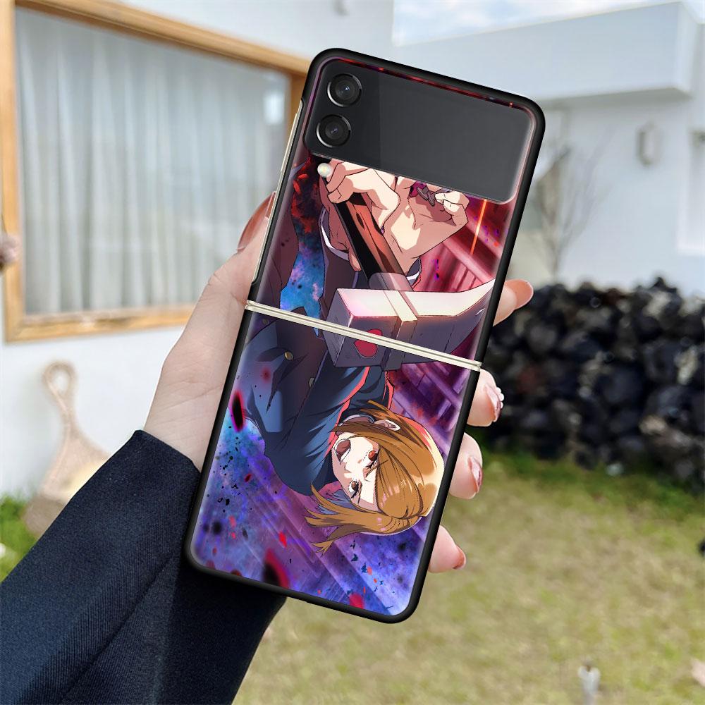 Роскошный чехол для Samsung Galaxy Z Flip 4 3 5G Черные жесткие ПК чехлы для телефона Модная задняя крышка ZFlip Funda Jujutsu Kaisen Аниме-оболочка