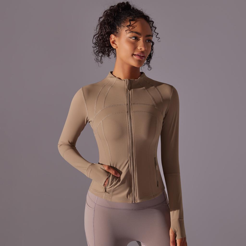 New Double-sided Nylon Brushed Sports Zipper Stand Up Collar Yoga Jacket, Sports Running Fitness Long Sleeved Top For Women