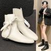 Fashion White Butterfly-knot Chelsea Ankle Boots Vintage Square Toe Flat Leather Low Heels Slip-on Shoes 2024 Women's Slim Western Boots