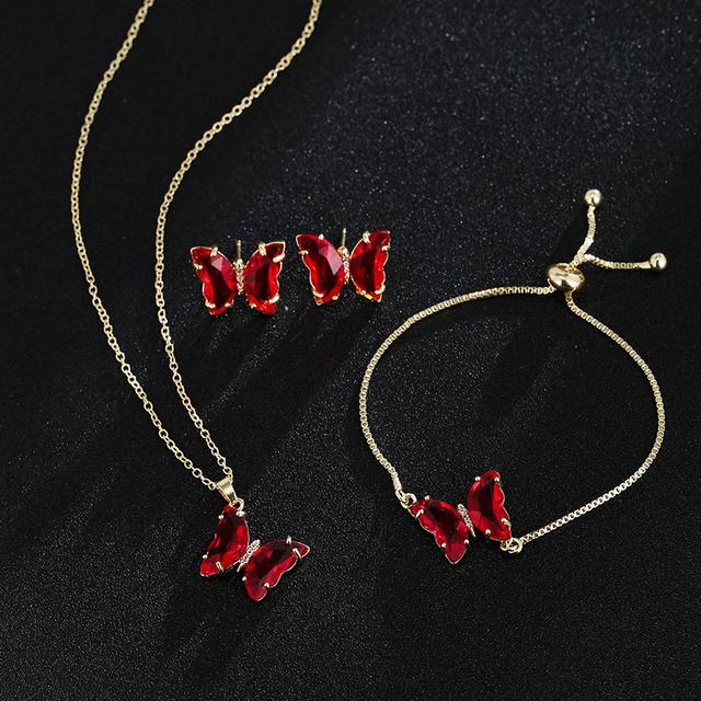 Butterfly Glass Material Romantic Jewelry Bracelet Necklace Earring Set for Women Wedding Dinner Dress Accessories