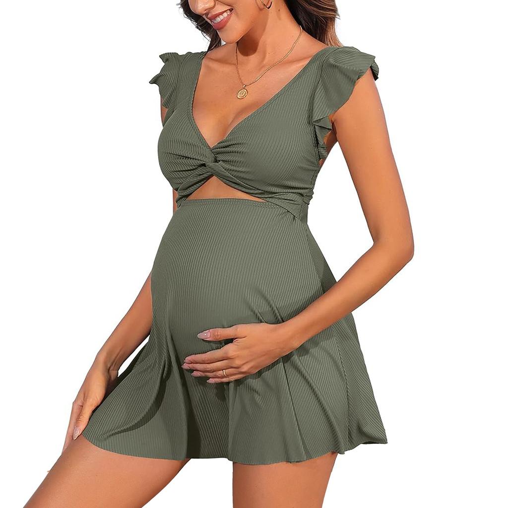 CHARMLEAKS Ruffle Ribbed Maternity Swimsuit One Piece Cutout Pregnancy Bathing Suits Push Up Twisted Swimwear Swim Dress