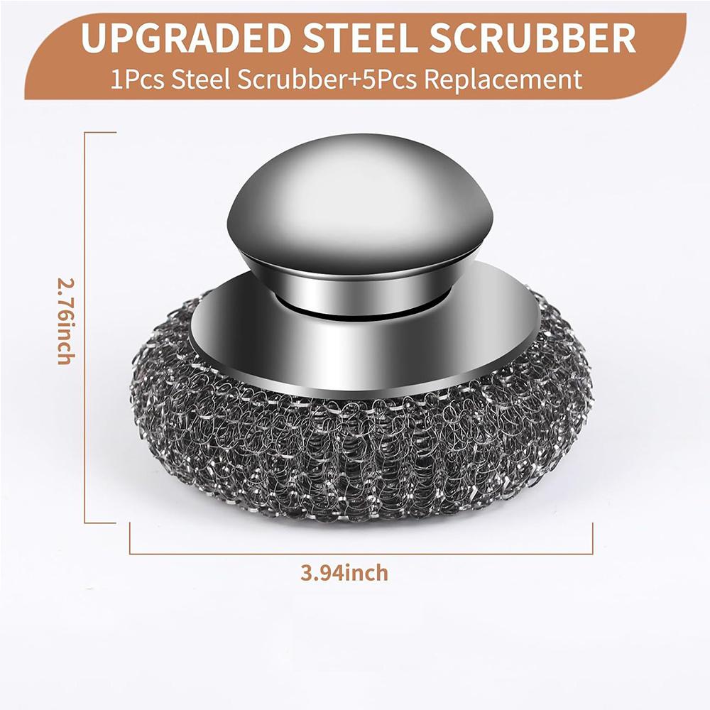 6Pcs Steel Wool Scrubber with Replacement Wire Pads Set(1 Scrubber+5 Pads)