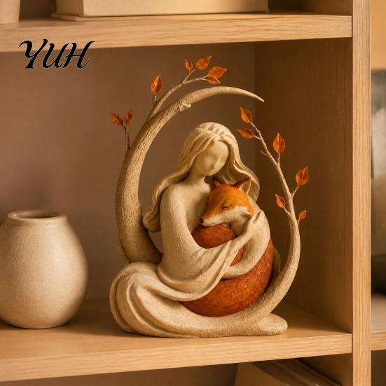 Artistic Resin Keepsake Woodland Guardian Figurine, Rustic Forest Woman Sculpture with Fox Deer Owl, Animal Boho Tabletop Ornament for Shelf