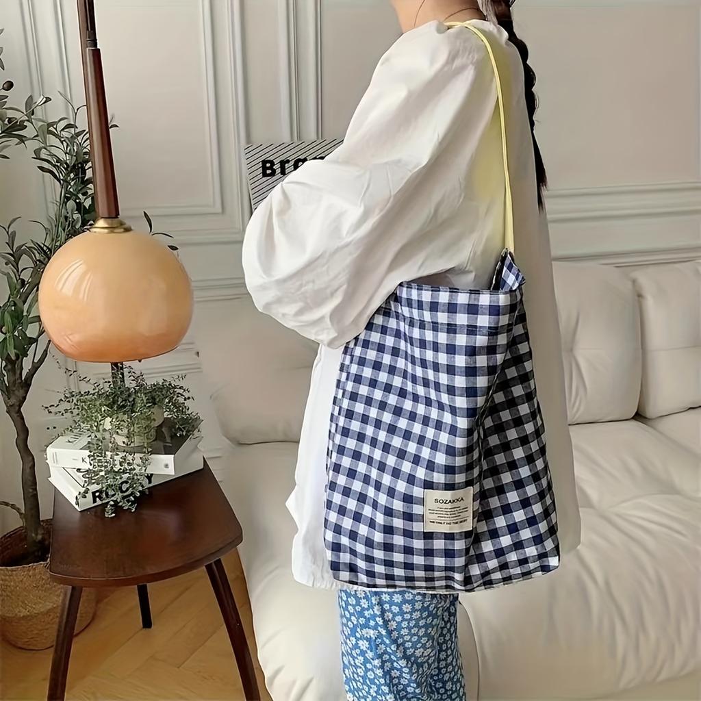 Шикарная клетчатая холщовая сумка-тоут для женщин, большая вместимость, идеально подходит для пляжа, путешествий и шопинга