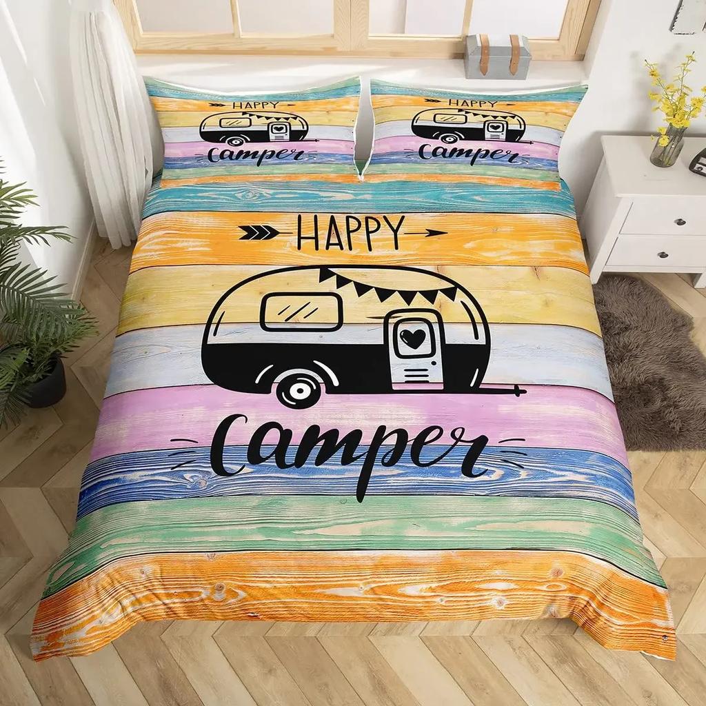 Rustic Farmhouse Style Duvet Cover Set 2/3 Pcs Old Barn Door Comforter Cover Happy Camper Print Black Sketch Drawing Quilt Cover