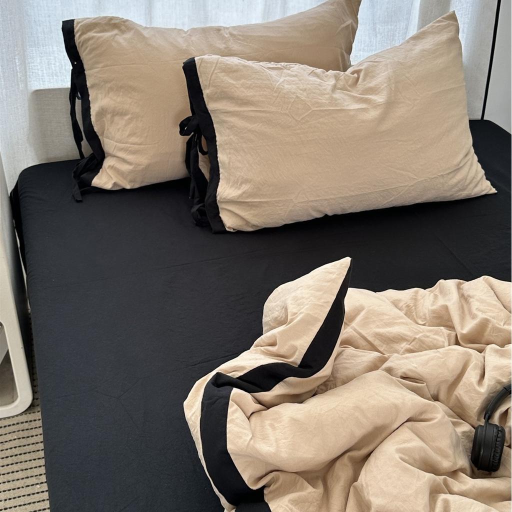 Girl Solid Color Simple Cream Powder Hemming Washed Cotton FourPiece Set Bed Sheet Student Dormitory ThreePiece Bed Hat