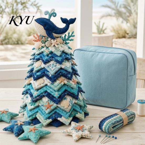 Easy Sewing Kit for Beginners DIY Quilted Ocean Christmas Tree Kit, Holiday 3D Fabric Patchwork Craft Project Coastal Theme Handmade Padded