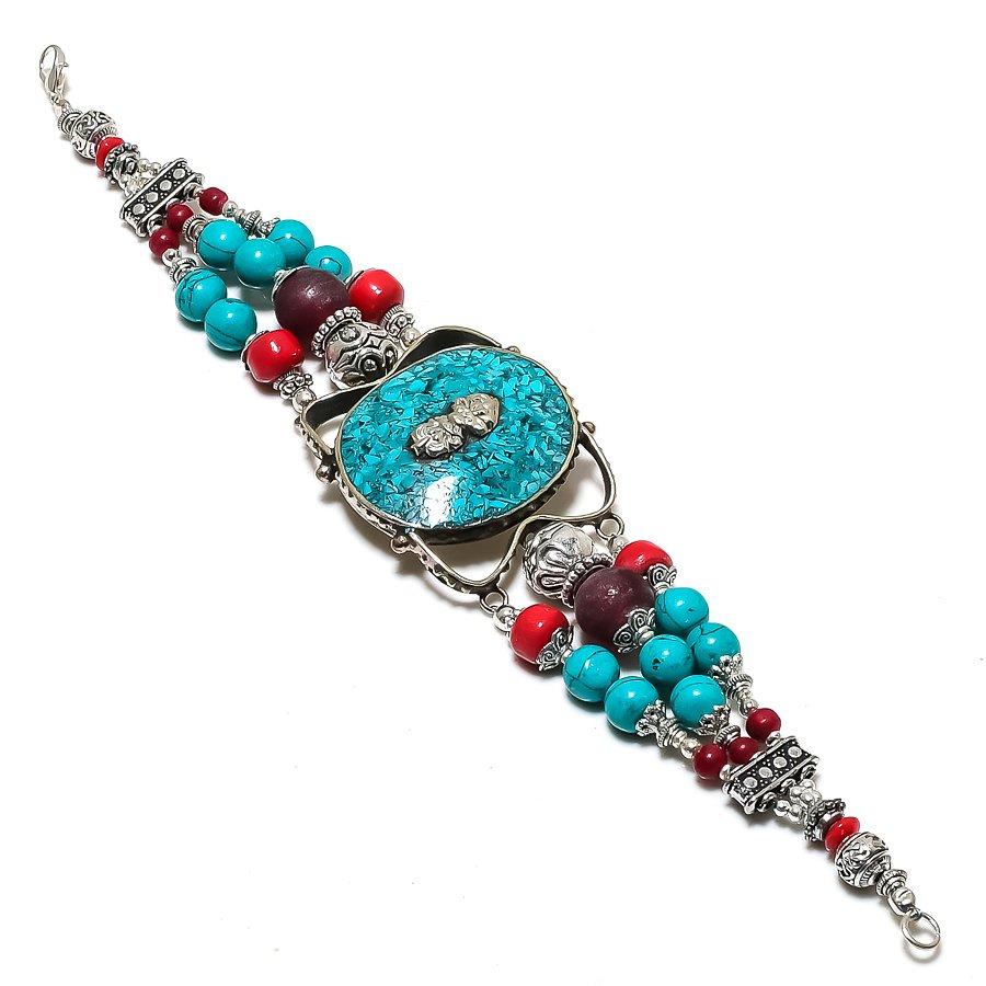 Turquoise Red Coral Bracelet Handmade Bahamas Tibetan Nepali Jewelry 9" NBB 3445