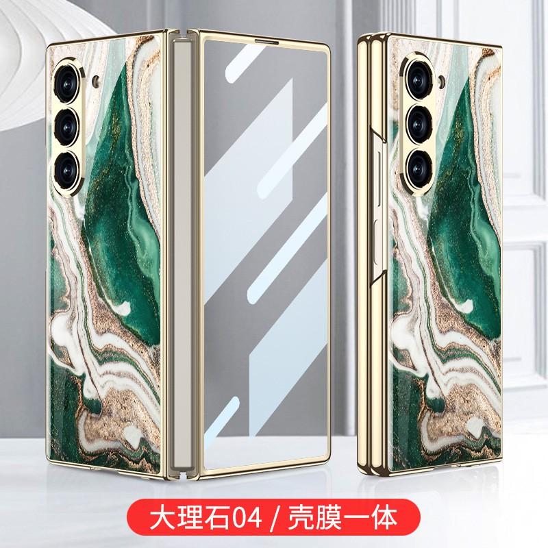 Fold6 Phone Case Shockproof Electroplated Glass Cover With Marble Print Design Galaxy Z