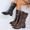 Fashion Women's Solid Color Slip On Knight Boots Autumn Winter Chunky Heel Mid Calf Botas Mujer Buckle Strap PU Leather Motorcycle Boots