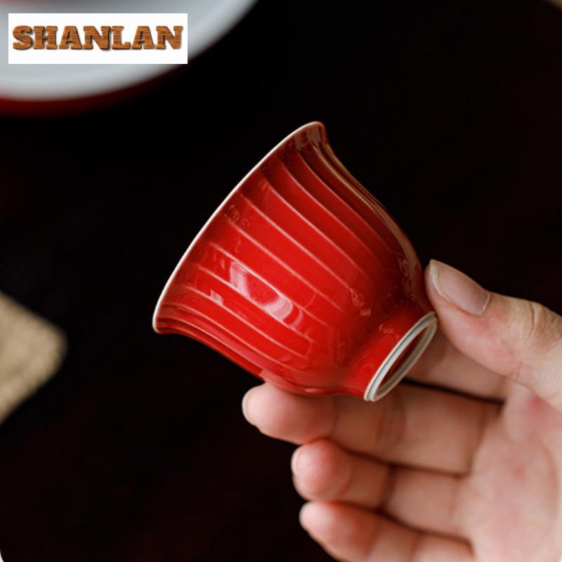 2pc/lot Red Glaze Hand-painted Double-line Teacup Zen Tea Bowl Jug Tea-tasting Fragrance Cup Chazhan Master Cups Teaset 50ml