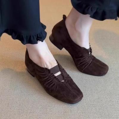 Винтажные туфли-лодочки Осень Новые Квадратный носок Замша Неглубокая складка Мягкая подошва Нескользящие Низкий каблук