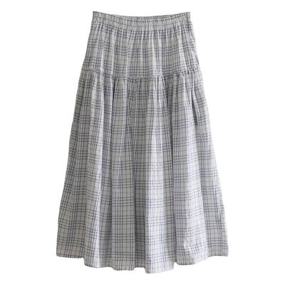 Женская французская романтическая клетчатая юбка-миди А-силуэта «зонтик» из ситца - светло-голубая и белая, с панелями и расклешенным подолом для лета