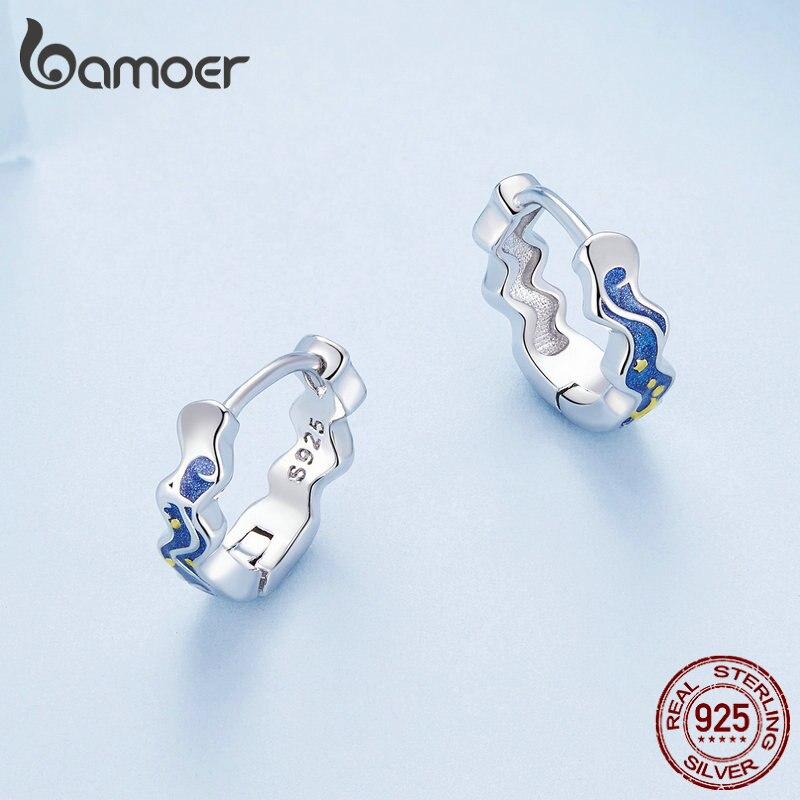 BAMOER стерлингового серебра 925 пробы, серьги-кольца с звездным небом Ван Гога, синяя эмаль, серьги-кольца для женщин, подарок на день рождения, ювелирные украшения