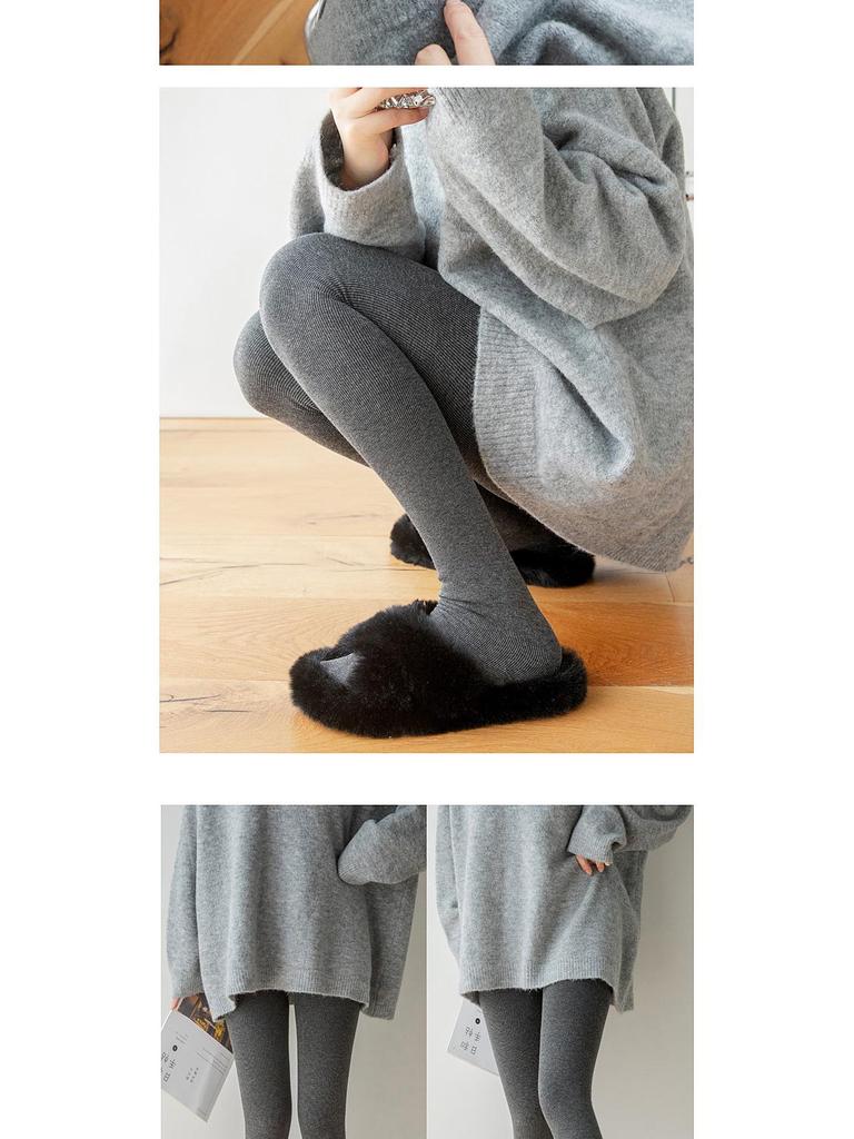 Extra Long Smoke Grey Fleece-Lined Micro Compression Vertical Stripe Women's Pantyhose Socks