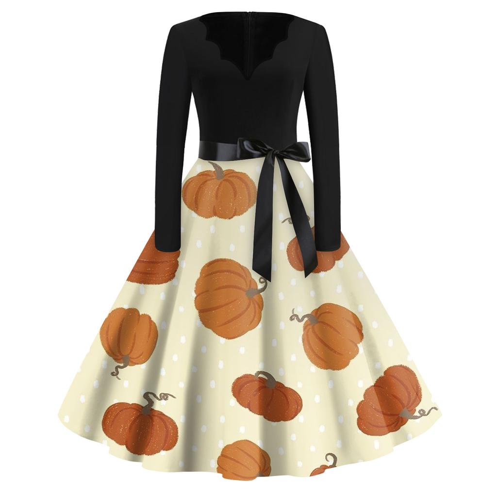 Women's Fashion V-Neck Casual Slim Halloween Printed Long Sleeve Dresses