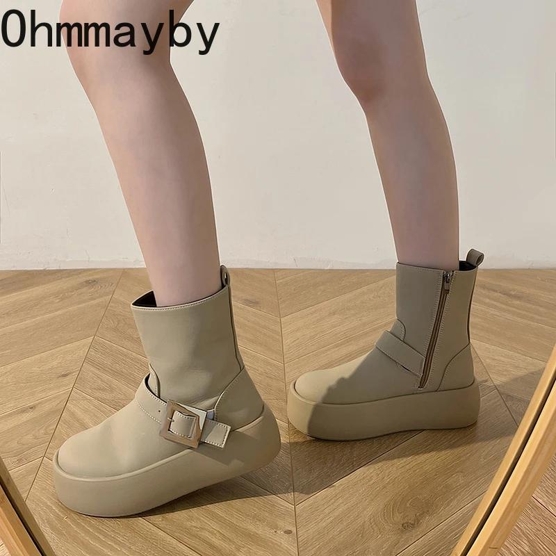 Модные женские короткие сапоги на толстой подошве с пряжкой на ремне, водонепроницаемые туфли на платформе, осень-зима, женские ботильоны