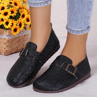 Распродажа модной женской обуви 2024 года, новые женские туфли на плоской подошве с круглым носком, осенние туфли с пайетками и пряжкой, на твердой подошве Solft, повседневные удобные туфли на плоской подошве