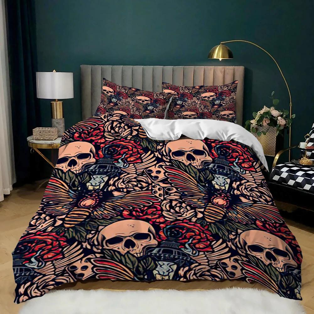 Skull Duvet Cover Queen Size Gothic Skeleton Bedding Set Rose Flower Polyester Comforter Cover For Kids Teens Adults Halloween