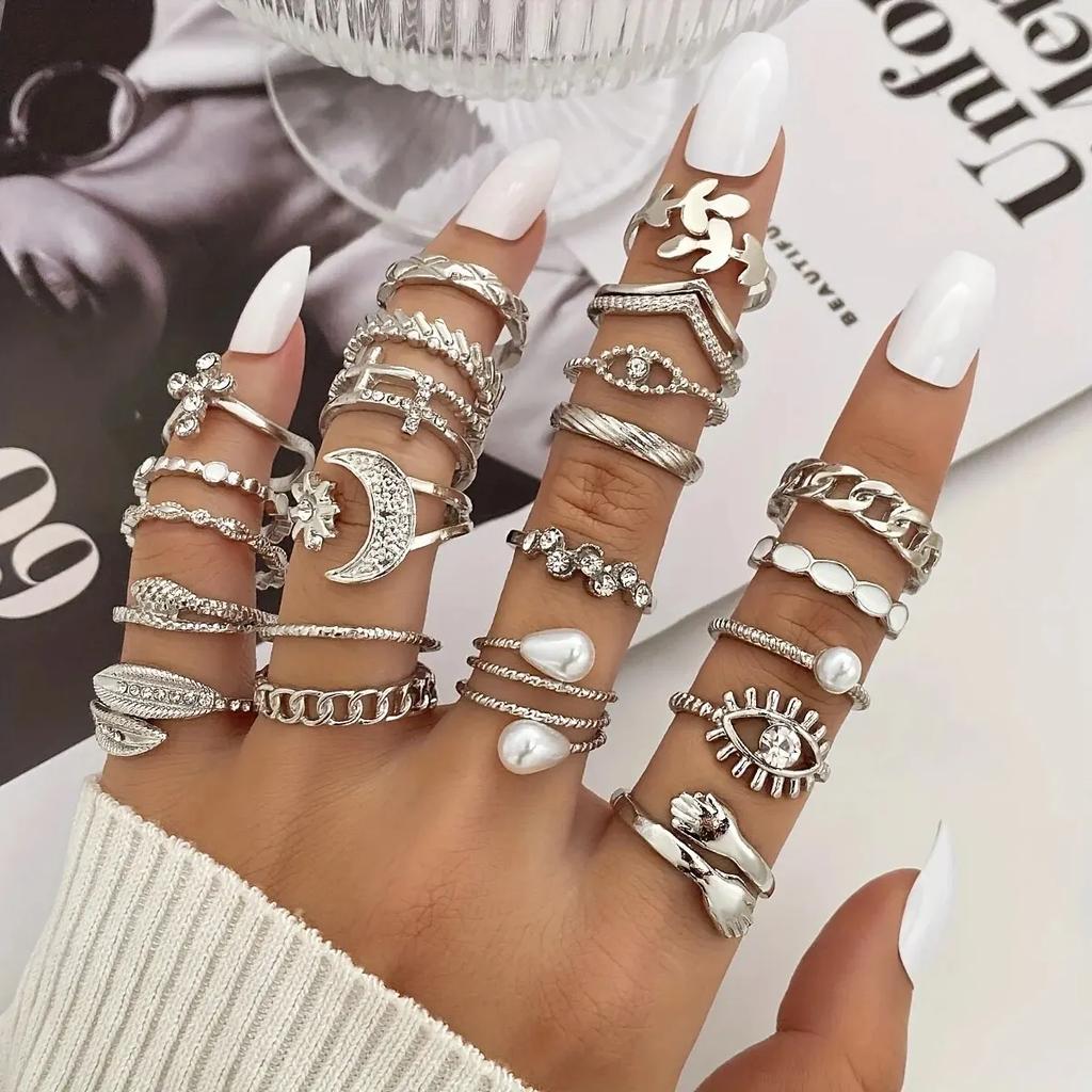 23 шт. Модный набор серебряных колец с жемчугом для женщин, с узорами крест, бабочка, лист, глаз Аладжа, смешивайте и сочетайте, ювелирные изделия для повседневной носки