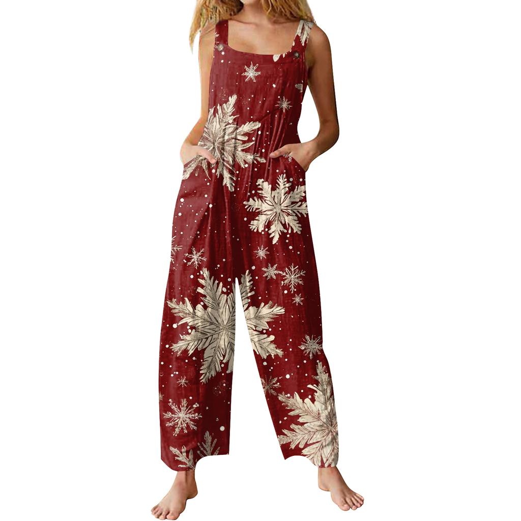 Womens Casual Overalls Jumpsuits Adjustable Straps Sleeveless Print Comfy Rompers With Pocket