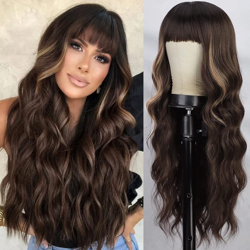 Synthetic Long Wavy Wig With Full Cap Bangs Natural Look Heat Resistant Hair Women
