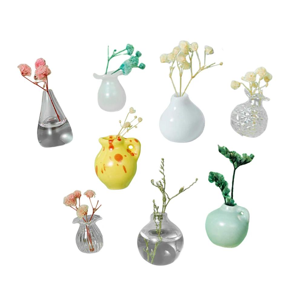 5-14pcs/Set Mini Ceramics Vase Fridge Magnets Label Mini Bonsai Magnet Button Potted Simulation Flower Vase Refrigerator Message