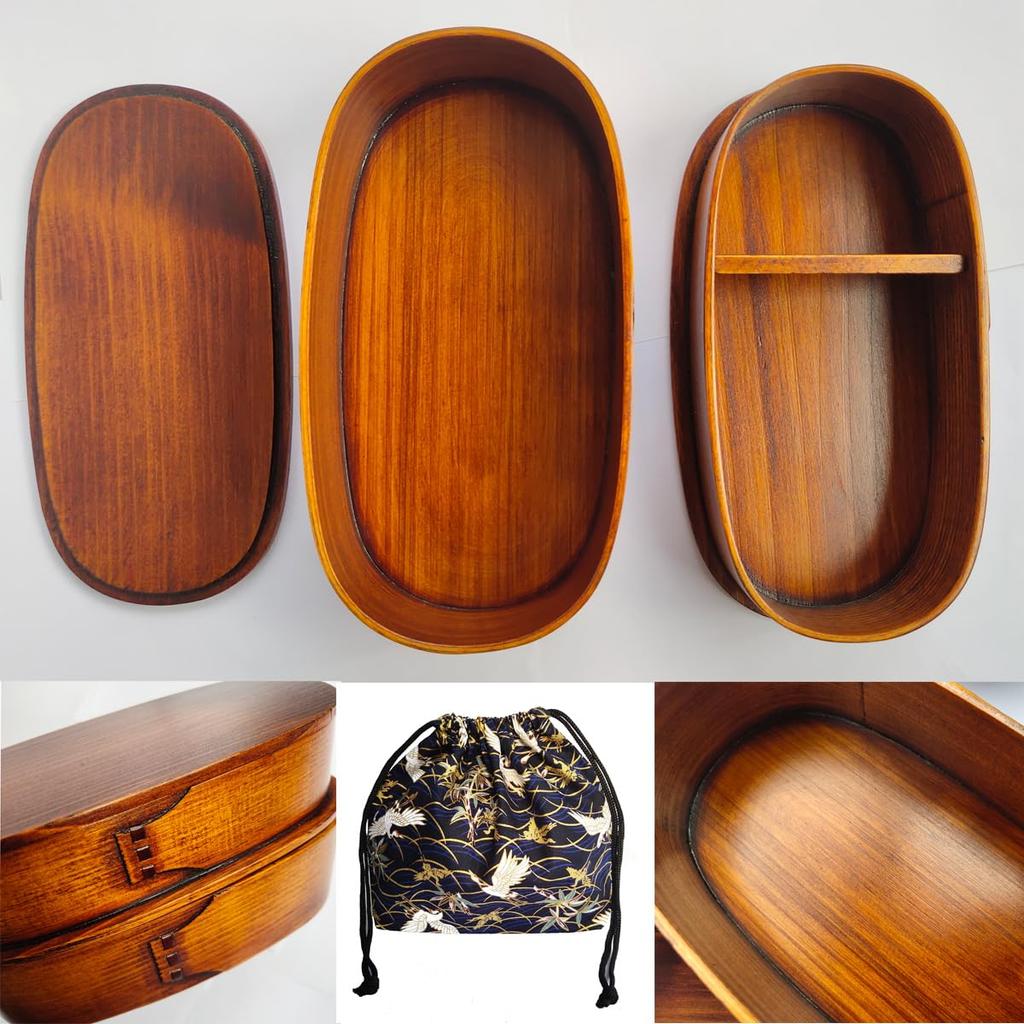 KXLCGYK Magewappa Bento Two Drawstring Wooden Spoon and Chopsticks Magewappa Large Wappa Lunch Bento Natural For Commuting To Students Box, Tiers,