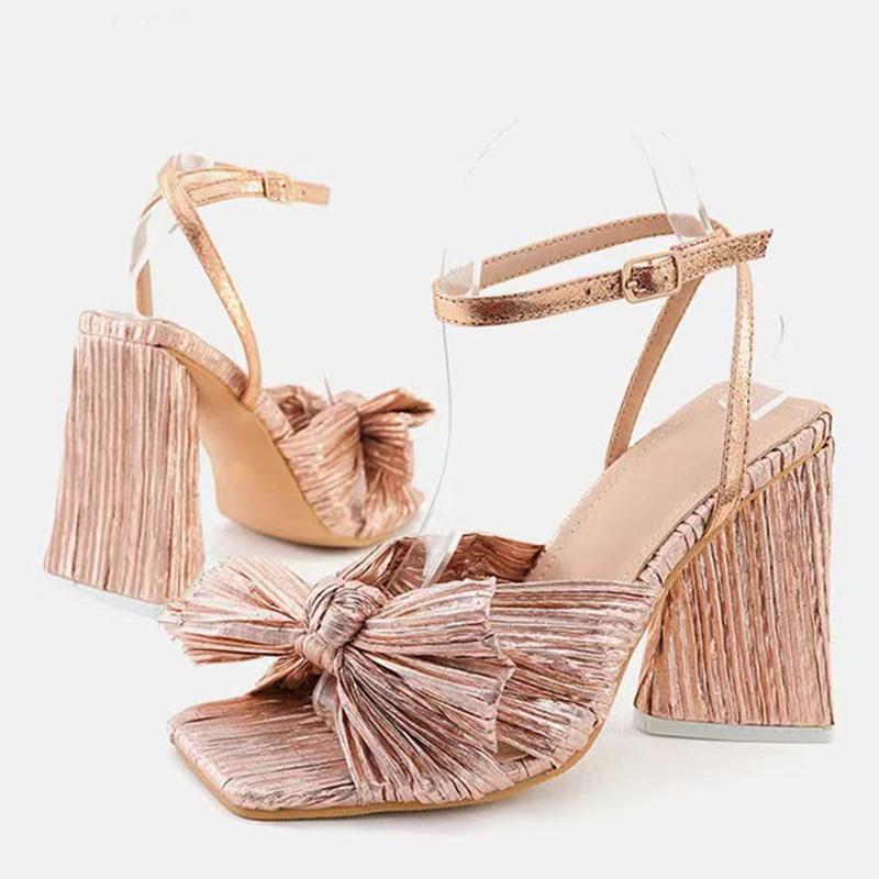 Liyke Size 44 45 46 Fashion Pleated Butterfly-Knot Womens Sandals Gladiator Peep Toe Buckle Strap Triangle High Heels Dress Shoe