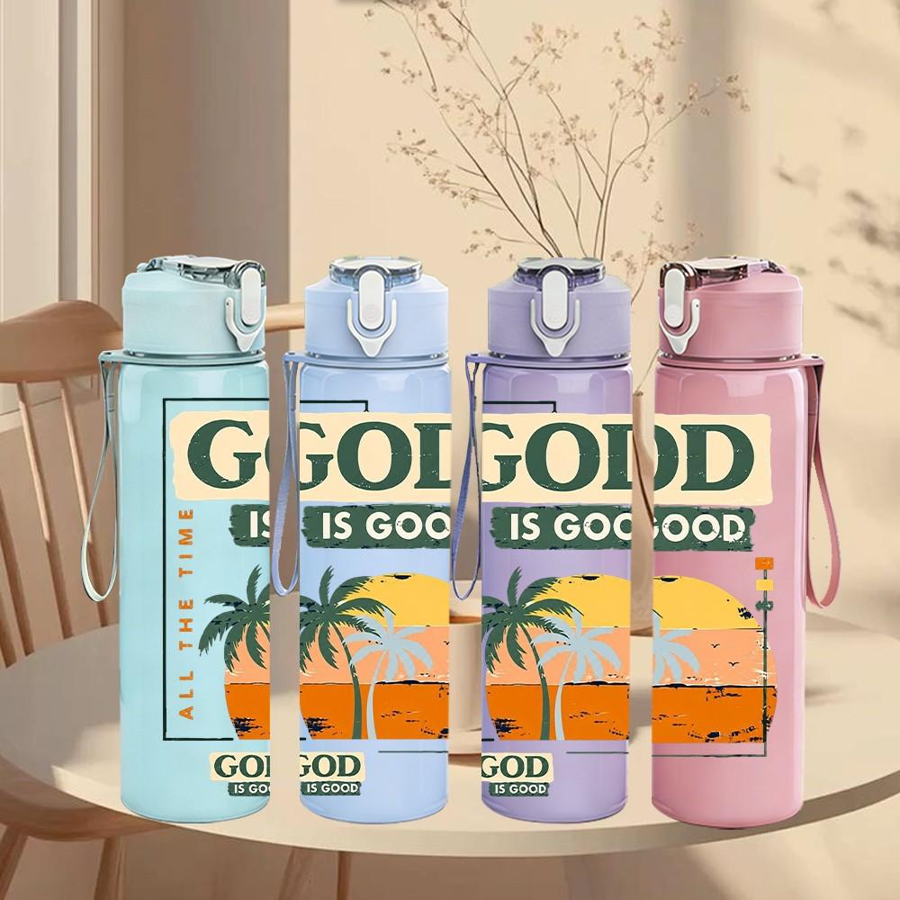 1PC God Is Good Palm Tree Sunset Print 750ml Color Plastic Sports Water Bottle Leakproof Flip Straw Lid Suitable for Sports Office Home Use