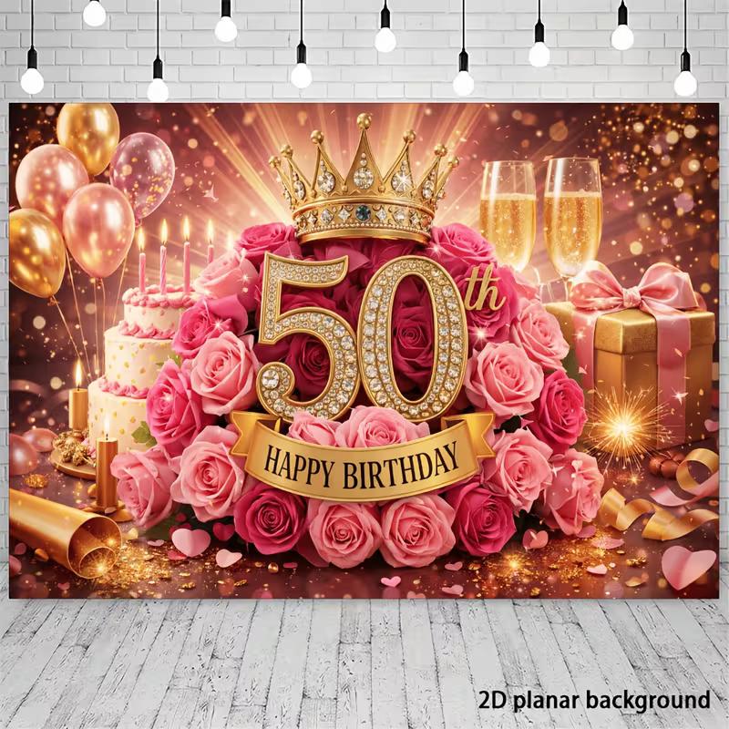 2D 40th Birthday Party Backdrop Rose Gold Balloons and Confetti Photo Background