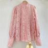 French Vintage Hollow Out Lace Shirt Women Beading Button Lantern Sleeve Blouse Women Elegant Loose Solid Slim Lady Tops 29924