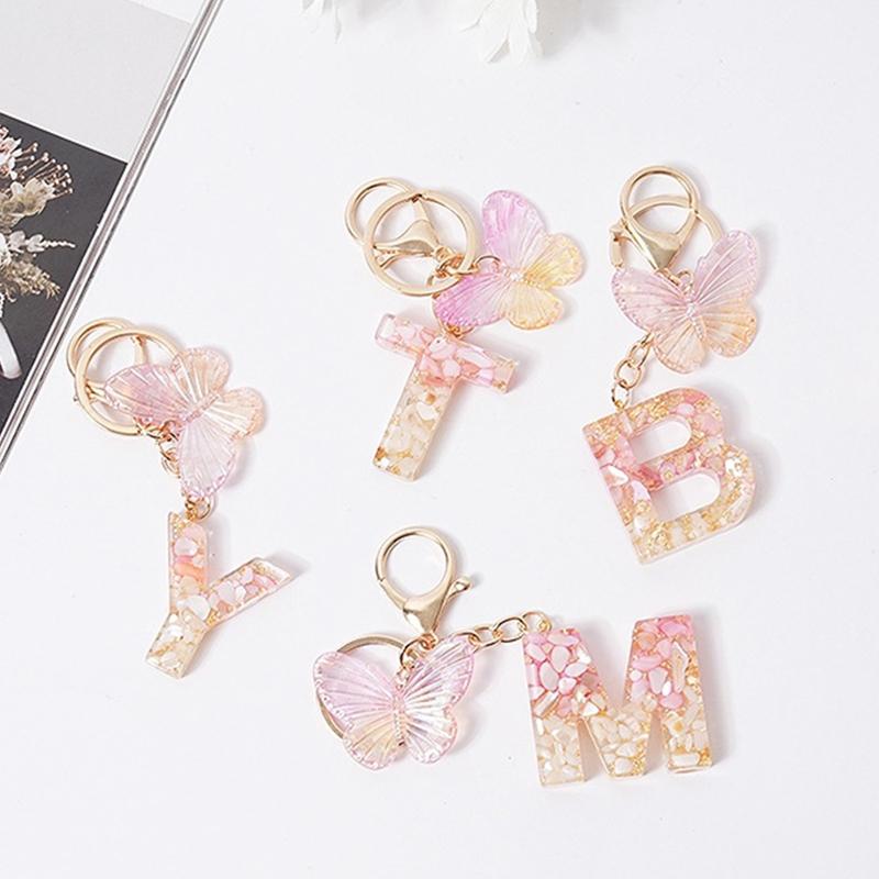Розовая мечта Бабочка 26 букв от А до Я брелок из смолы 26 инициалов Белый камень сусальное золото кулон брелок для рюкзака подвеска сумка Декор