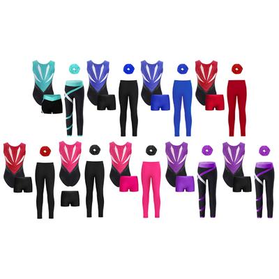 Комплект из 4 предметов для девочек, гимнастический костюм без рукавов с вырезом на спине и бантиком, леотард в стиле пэчворк с цветными блоками, украшенный блестящими стразами, шорты, леггинсы, повязка на голову