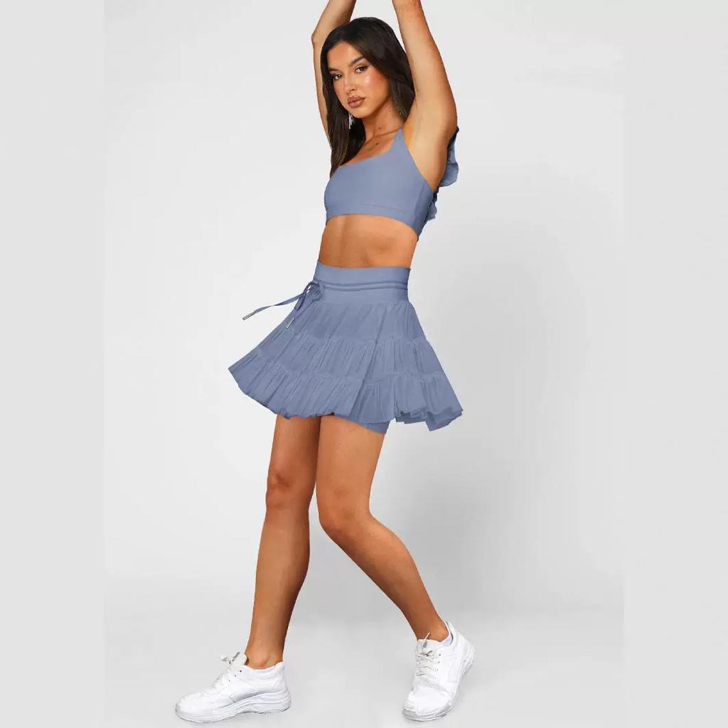 Women's Pleated 2 In 1 Shorts-Skirt Lace Up Anti Exposure Mini Skirt Spring Summer Fitness Tennis Half Skirt