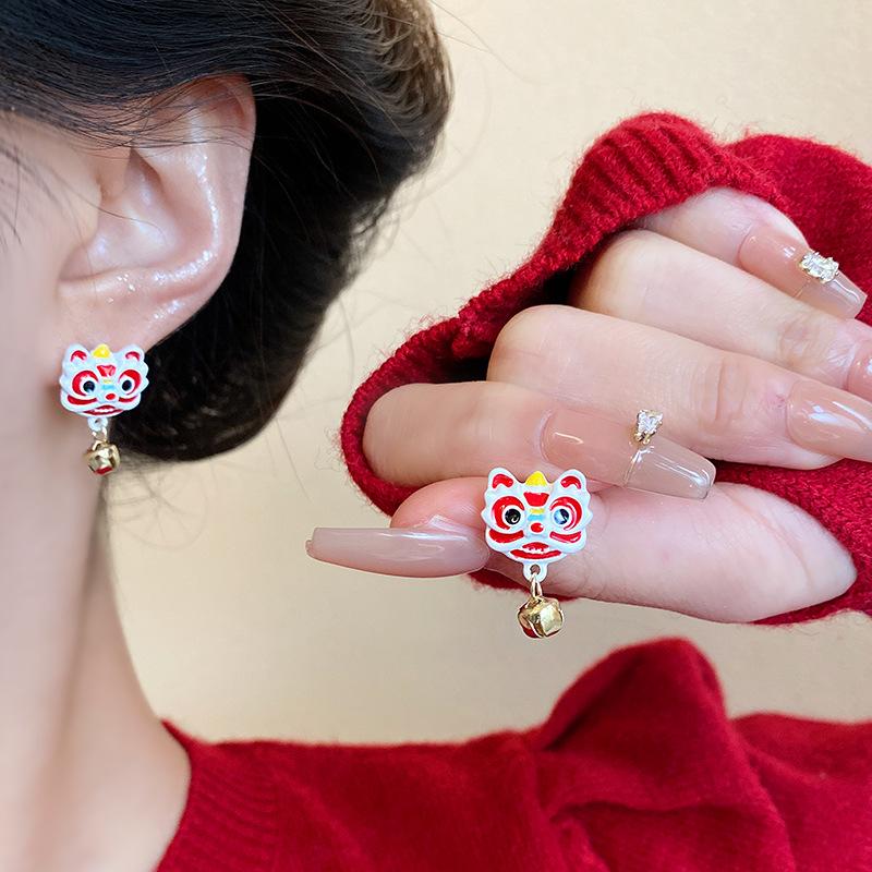Китайский стиль Новогодний праздничный лев, пробуждающийся красный милый маленький лев серьги