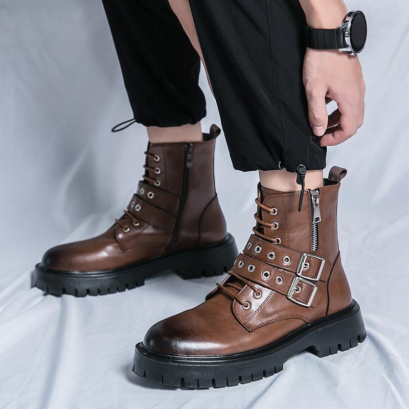 Autumn Winter High Quality Black Men's Boots 2024 Fashion Buckled Comfortable Leather Boots for Men Platform Motorcycle Boot Man