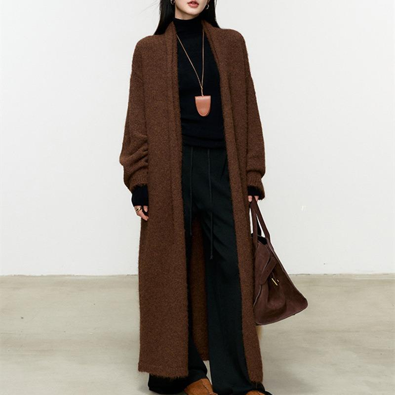 Высококачественный мягкий восковой длинный свитер-жакет женский осенне-зимний новый свободный до колена ленивый ветер вязаный свитер-пальто