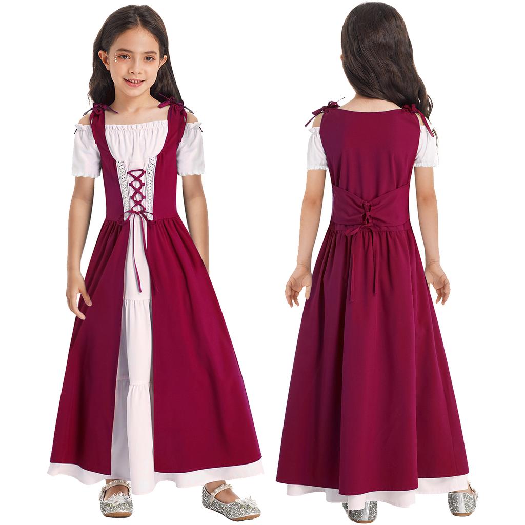Kids Girls Renaissance Cosplay Medieval Dress Up Costumes Short Sleeve Adjustable Lace-up Gown Dress