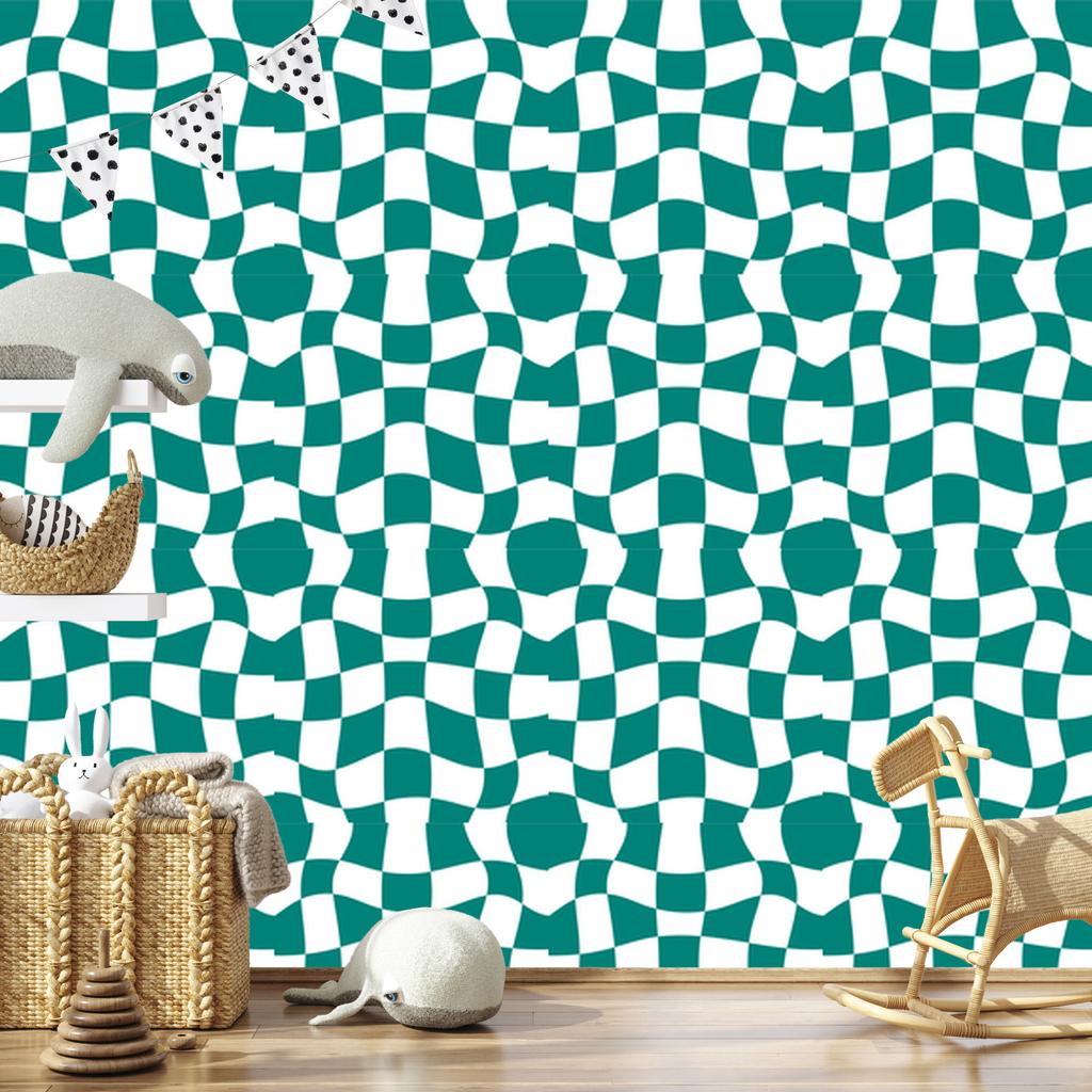 Wallpaper Casual checkerboard turquoise, white, celadon and mint 50x1000