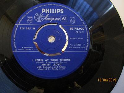7-дюймовая пластинка JIMMY LLOYD - I Kneel At Your Throne 45PB909 Philips 1959 Великобритания Поп Б/у
