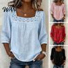 Skin-friendly Fabric Shirt Women Square Collar 3/4 Sleeve Pure Color Casual Loose Fit Tops Blouse Lace Splicing Summer Breathable
